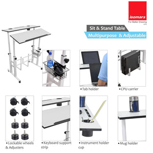 Isomars Sit/Stand Multipurpose Adjustable Table Professional Computer Workstation Extra Long Table top Dedicated Space for CPU Comes with Wheels & Floor Adjusters(36" X 12"/92cm X 30CM Wide White)