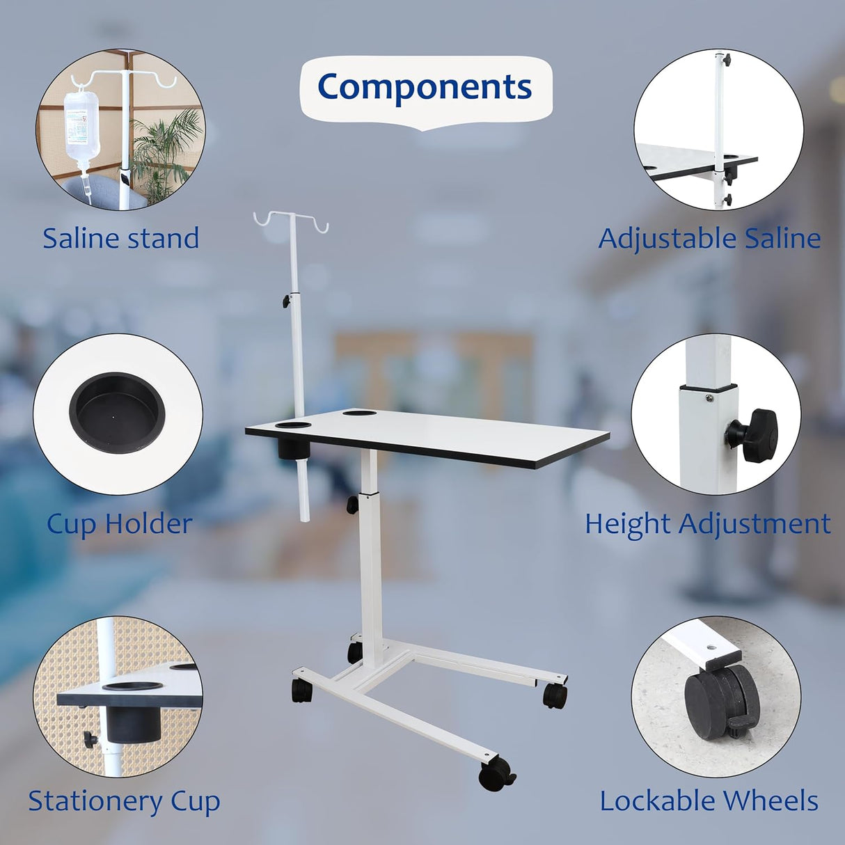 Isomars Overbed Table with Saline Stand | Adjustable Bedside Table with Wheels | Adjustable Height | Hospital Bedside Table with Lockable Wheels Best for Breakfast in Hospital and Home.