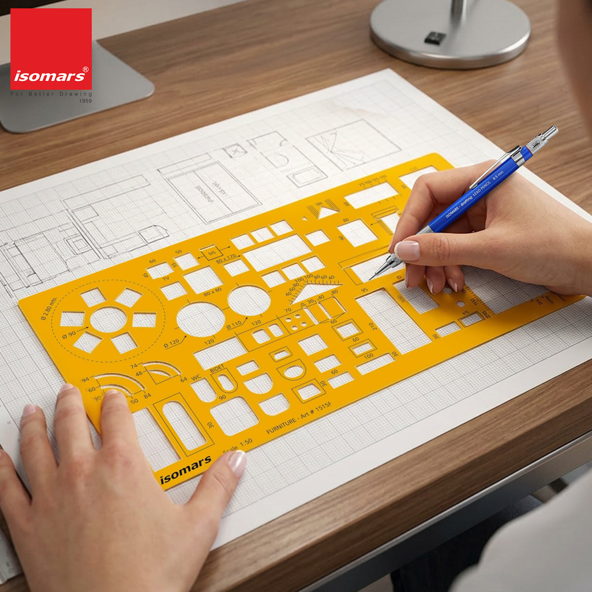 Isomars Architect Furniture Template Scale 1:50 | Professional Interior Design & Furniture Layout Drafting Stencil | Transparent Drawing Template for Architects, Interior Designers, Engineers & Students