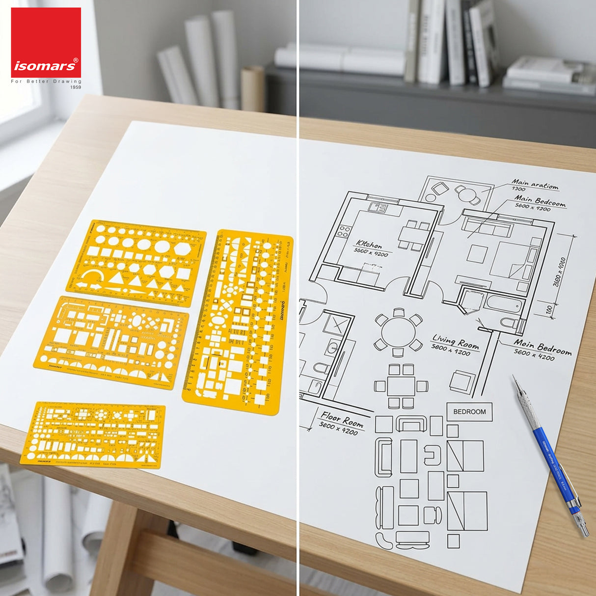 Isomars Designing Templates Combo Set of 11 | Architectural, Engineering & Interior Design Drafting Templates with Broad Scale Ruler for Technical Drawing, CAD Sketching & Planning