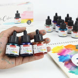 Isomars Watercolour Drawing Ink Set of 12 (35ml Each) with Mop Brush Set of 4 & Watercolor Postcards Set of 6 Sheets | Professional Liquid Watercolors for Painting, Calligraphy & Illustration