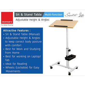 Isomars Multipurpose Laptop Table Study Desk, Lockable Wheels, & Adjustable Height and Angle for Breakfast Table, WFH & Online Classes (Wooden)