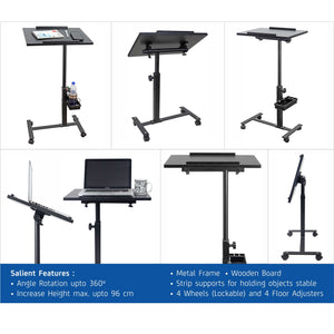 Isomars Multipurpose Laptop Table Study Desk, Lockable Wheels, & Adjustable Height And Angle For Breakfast Table, Wfh & Online Classes (Black)