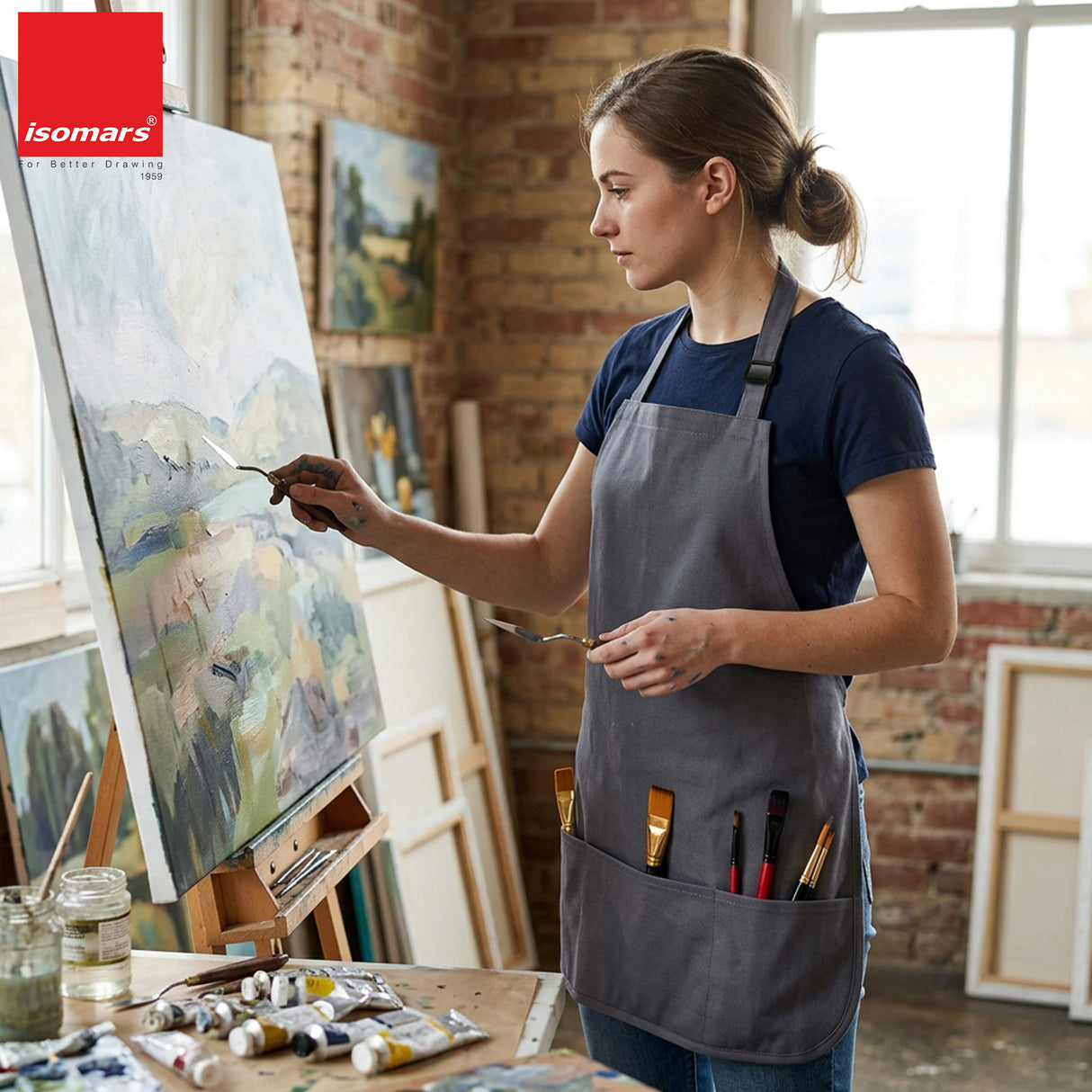 Isomars Canvas Painter's Apron with Adjustable Strap & Tool Pockets for brushes, tools, and art supplies