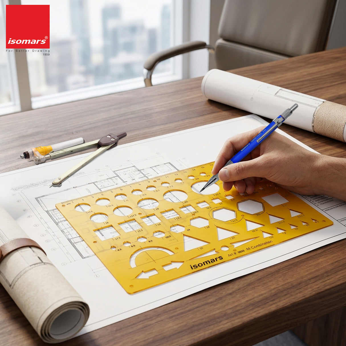 Isomars Geometric Combination Template Ruler | Multi-Shape Drawing & Drafting Stencil with Circles, Squares, Triangles, Hexagons, Arrows & Metric Scale for Architects, Engineers, Designers & Students