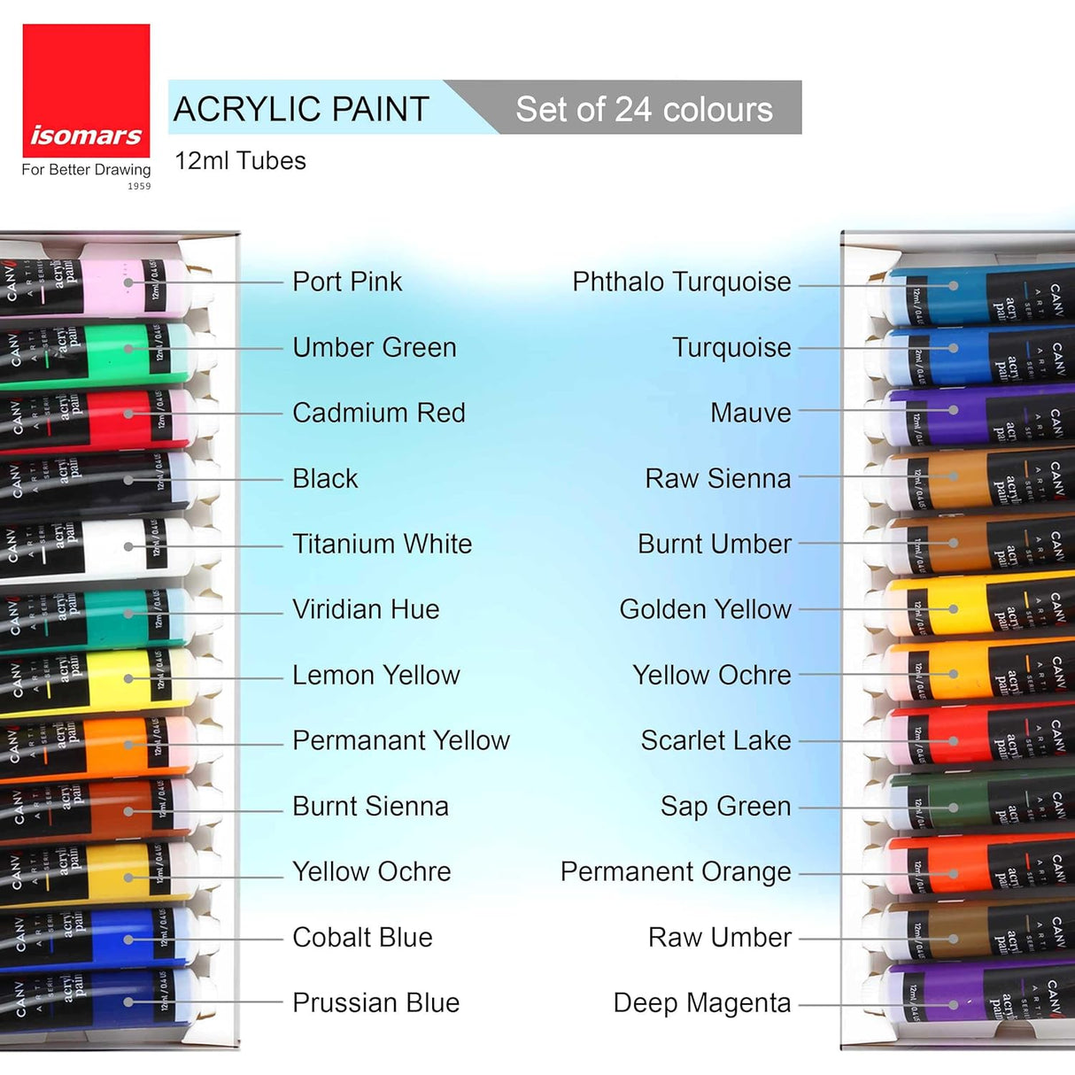 Isomars Canvaa Acrylic Paint 12ml And Set of 4 Round Brush Free - Vibrant Pigmented & Fadeproof Colours 4 - ARTIST SERIES - For Canvas Painting, (12ML - Set of 24)