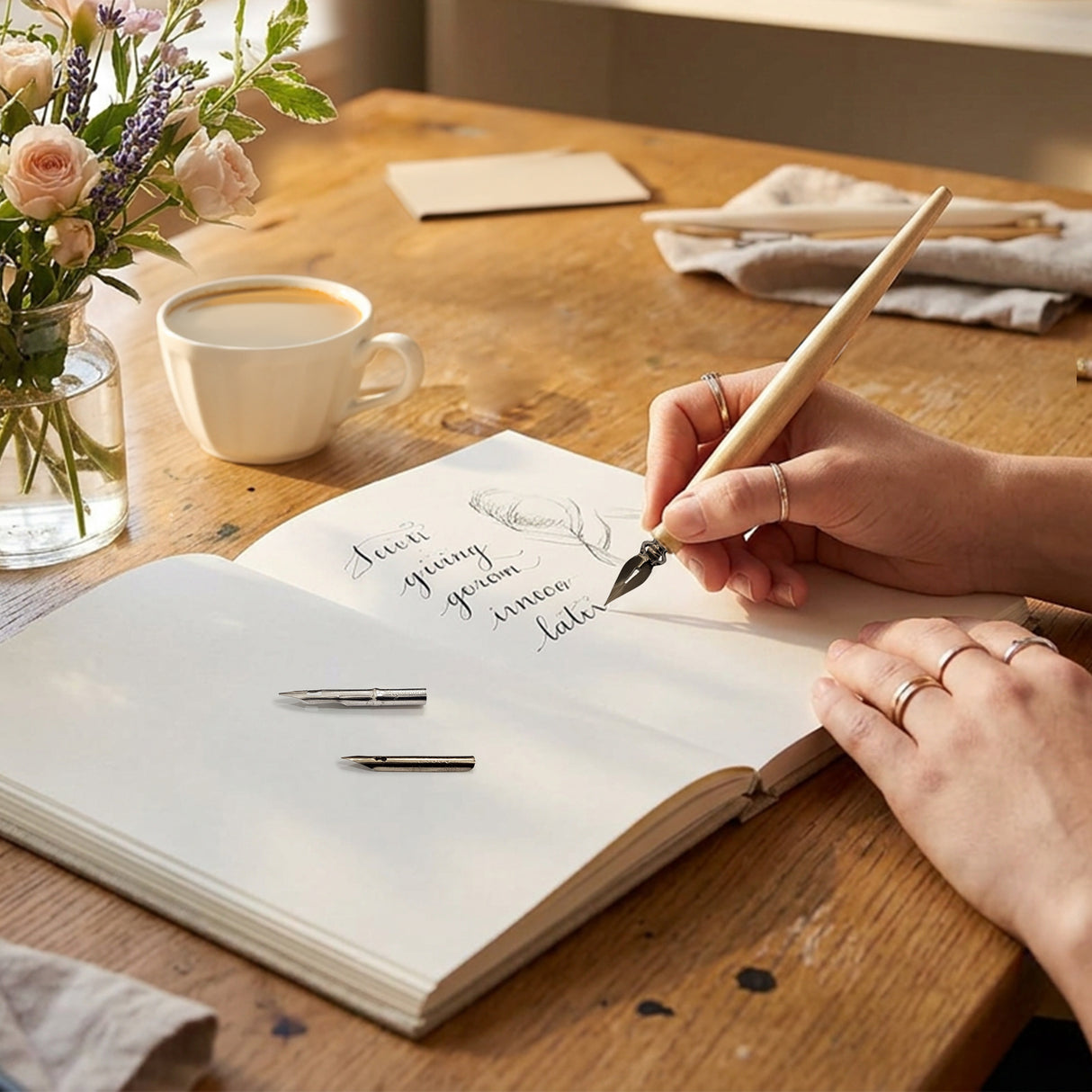 Isomars Wooden Calligraphy Pen Holder with English nib, mapping nib & flex nib for calligraphy, lettering, sketching and artistic writing