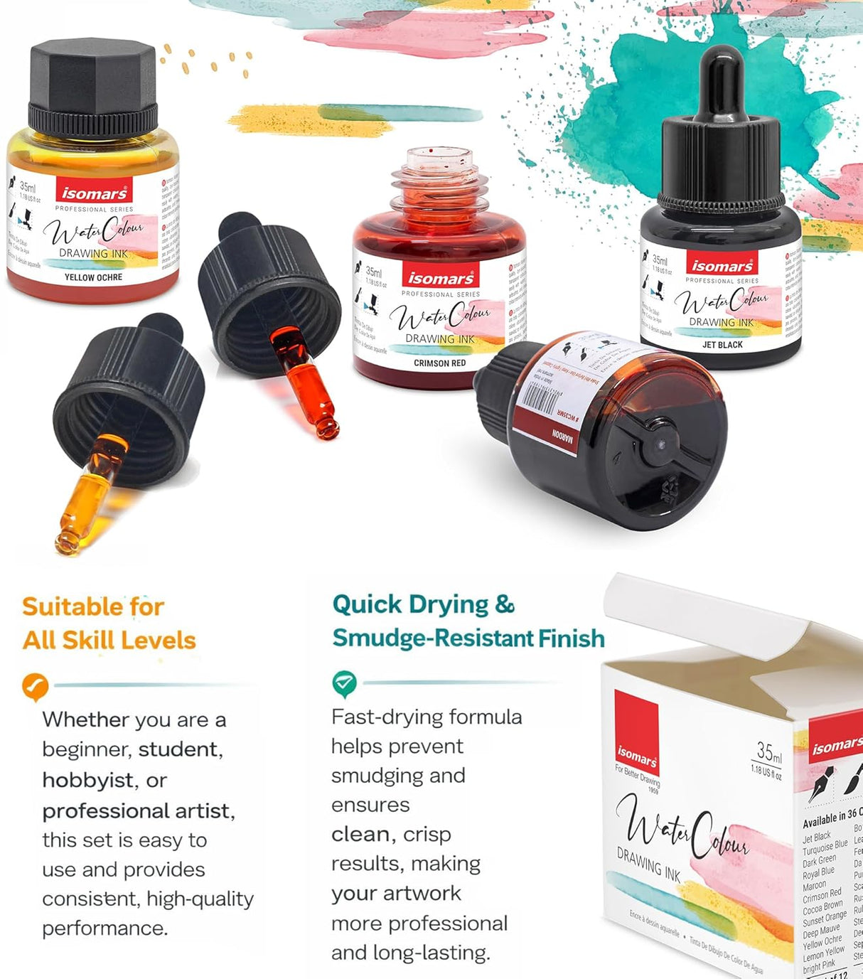 Isomars Water Color Ink Set of 12 Vibrant Professional Liquid Watercolors (35ml Bottles) with Droppers - Transparent Inks for Calligraphy, Illustration, Airbrushing & Painting