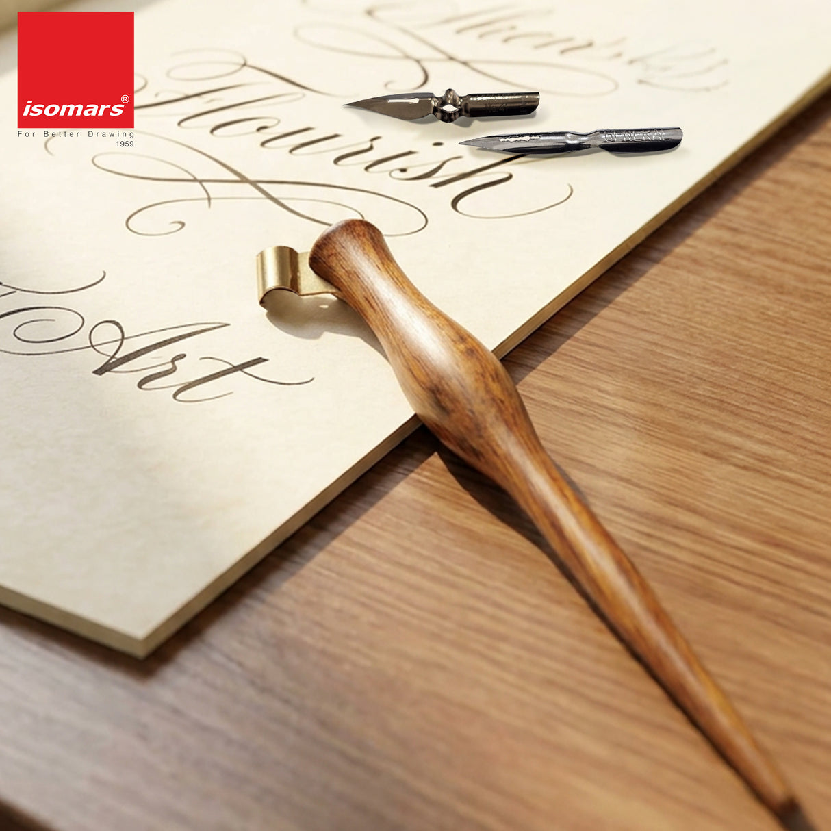 Isomars Rosewood Oblique Calligraphy Holder with 2 Flex Nibs for Copperplate, Spencerian and modern calligraphy