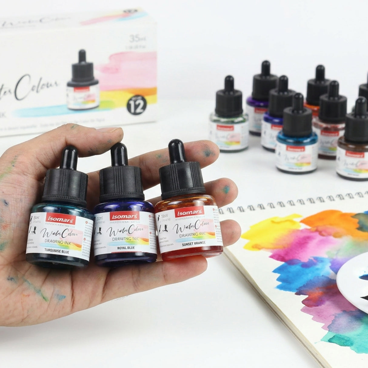 Isomars Watercolour Drawing Ink Set of 12 (35ml Each) with Mop Brush Set of 4 | Vibrant Liquid Watercolor Inks for Calligraphy, Illustration, Airbrush, Painting & Mixed Media Art