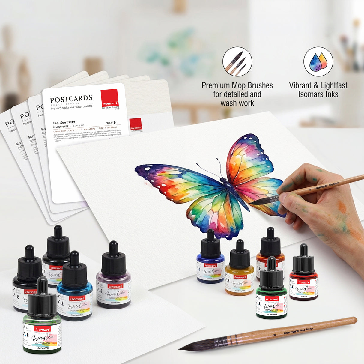 Isomars Watercolour Drawing Ink Set of 12 (35ml Each) with Mop Brush Set of 4 & Watercolor Postcards Set of 6 Sheets | Professional Liquid Watercolors for Painting, Calligraphy & Illustration