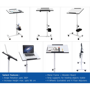 Isomars Multipurpose Laptop Table Study Desk, Lockable Wheels, & Adjustable Height And Angle For Breakfast Table, Wfh & Online Classes (White)