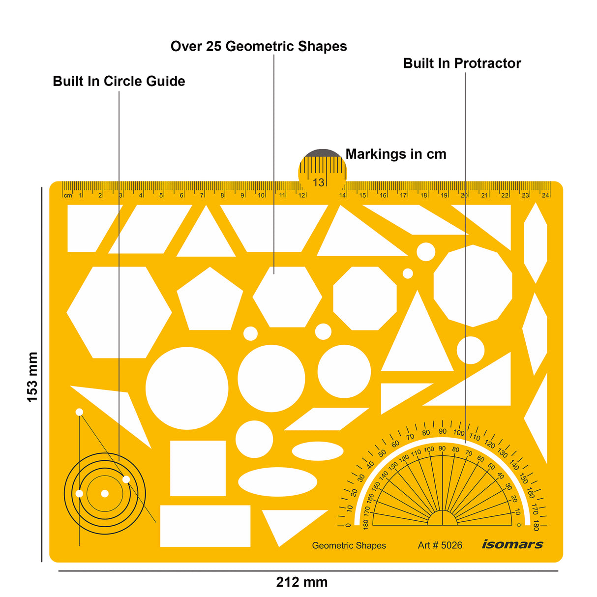 Isomars Geometric Shapes Drawing Template, Professional Drafting Tool with Protractor