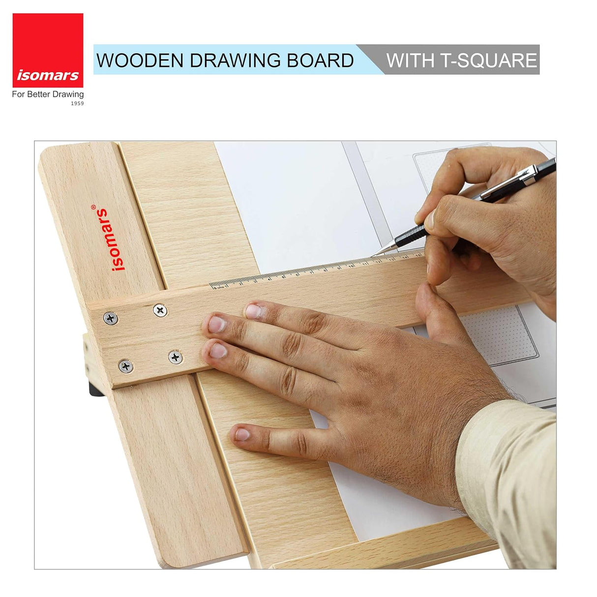 Isomars Wooden Board 14" x 20" with Wooden T-Square Combo - Drawing & Drafting Board & Wooden T-Scale Combo for Architecture and Engineering