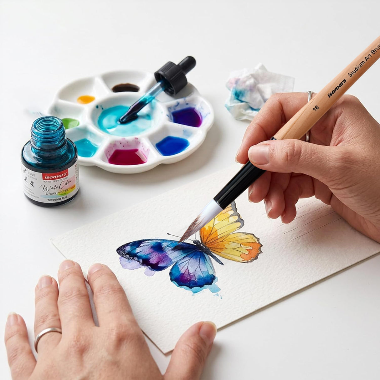 Isomars Watercolour Drawing Ink Set of 12 (35ml Each) with Mop Brush Set of 4 & Watercolor Postcards Set of 6 Sheets | Professional Liquid Watercolors for Painting, Calligraphy & Illustration