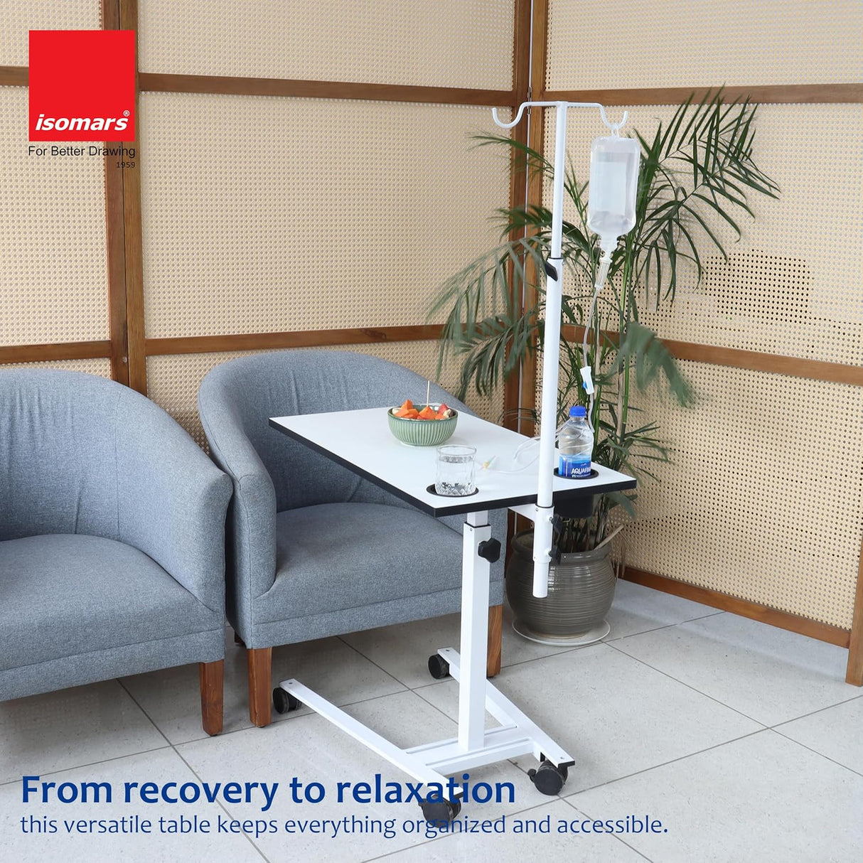 Isomars Overbed Table with Saline Stand | Adjustable Bedside Table with Wheels | Adjustable Height | Hospital Bedside Table with Lockable Wheels Best for Breakfast in Hospital and Home.
