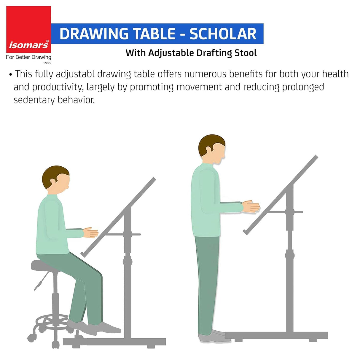 Isomars Drafting Table - Scholar with 25.5"x35" A1 Size Both Sides Laminated Beachwood Board with Drafting Stool | Ergonomic & Fully Adjustable Set for Engineers, Architects, Designers & Draftsmen