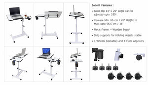 Isomars Multipurpose Laptop Table Study Desk, Caster Lockable Wheels, & Height Adjustable for Breakfast Table, Work from Home & Online Classes (White)