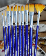 Isomars Estudio Professional Paint Brush Set of 10 – Premium Synthetic Artist Brushes for Acrylic, Watercolor & Oil Painting | Long Handle Art Brushes Kit
