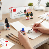 Isomars Watercolour Drawing Ink Set of 12 (35ml Each) with Mop Brush Set of 4 & Watercolor Postcards Set of 6 Sheets | Professional Liquid Watercolors for Painting, Calligraphy & Illustration