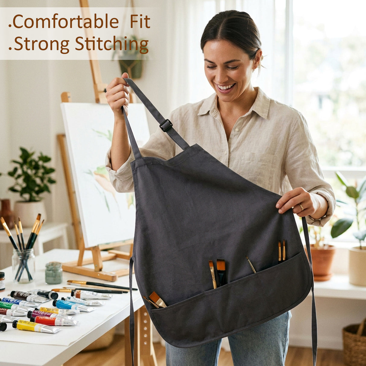 Isomars Canvas Painter's Apron with Adjustable Strap & Tool Pockets for brushes, tools, and art supplies