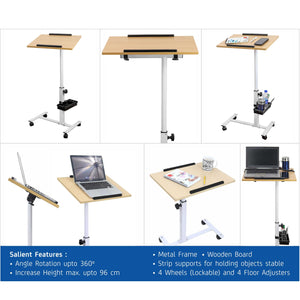 Isomars Multipurpose Laptop Table Study Desk, Lockable Wheels, & Adjustable Height and Angle for Breakfast Table, WFH & Online Classes (Wooden)