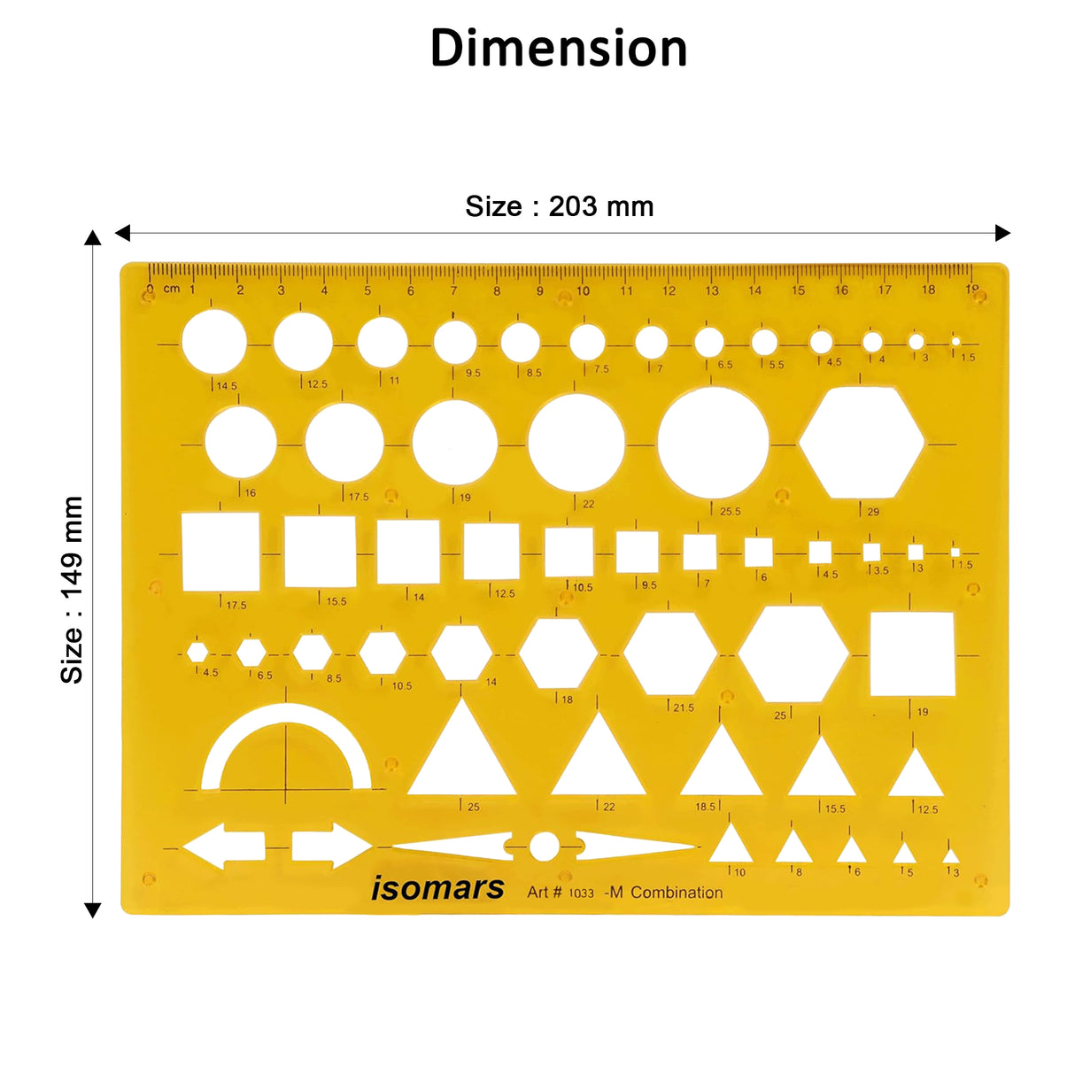 Isomars Geometric Combination Template Ruler | Multi-Shape Drawing & Drafting Stencil with Circles, Squares, Triangles, Hexagons, Arrows & Metric Scale for Architects, Engineers, Designers & Students