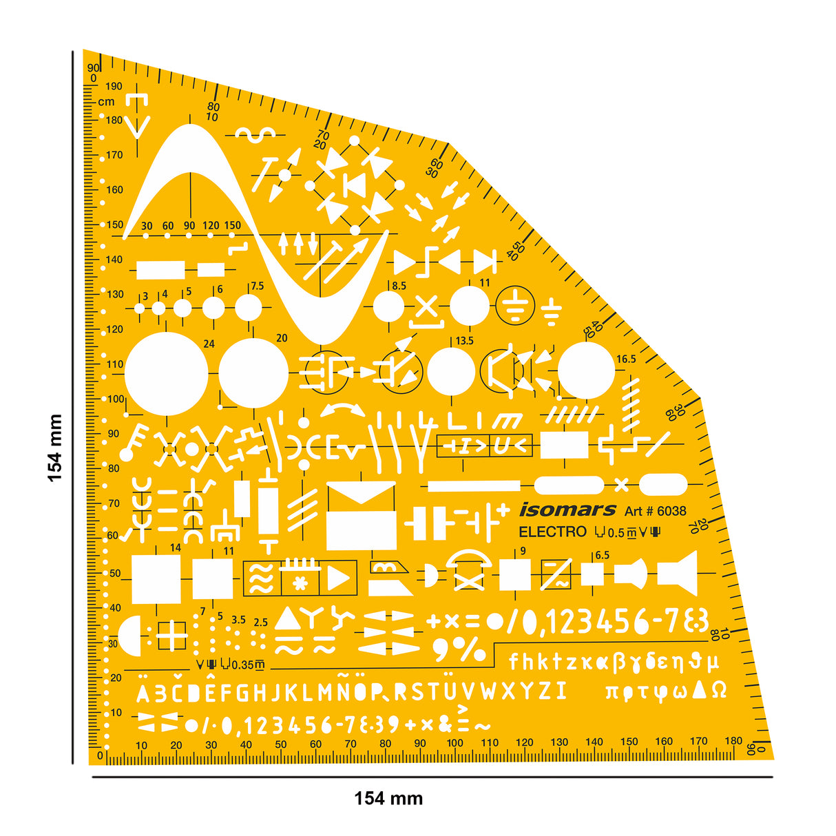 Isomars Electrical Drawing Template, Electro Stencil, Orange Plastic, 154x154mm