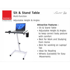 Isomars Multipurpose Laptop Table Study Desk, Caster Lockable Wheels, & Height Adjustable for Breakfast Table, Work from Home & Online Classes (White)