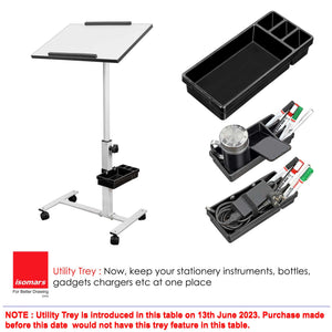 Isomars Multipurpose Laptop Table Study Desk, Lockable Wheels, & Adjustable Height And Angle For Breakfast Table, Wfh & Online Classes (White)