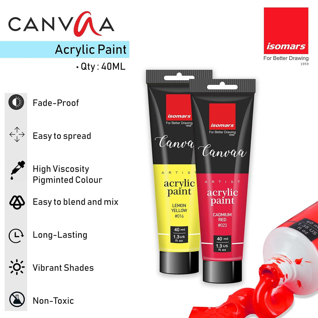 Isomars CANVAA Acrylic Paints - (40ml) - Set of 12 Vibrant Pigminted & Fadeproof Colours 4 - ARTIST SERIES - For Canvas Painting, Scrap Book, Paper Board, Wood & Terracotta