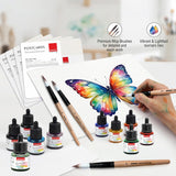 Isomars Watercolour Drawing Ink Set of 12 (35ml Each) with Mop Brush Set of 4 & Watercolor Postcards Set of 6 Sheets | Professional Liquid Watercolors for Painting, Calligraphy & Illustration