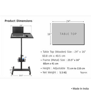 Isomars Multipurpose Laptop Table Hospital Table Study Desk, Caster Lockable Wheels, & Height Adjustable for Breakfast Table, Work from Home & Online Classes (Table Top - 24'' x 16'')