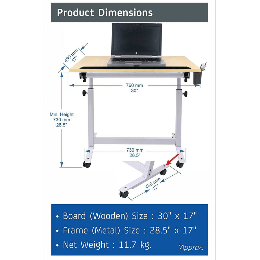 Isomars Multipurpose Laptop Table Study Desk Drawing Table, Caster Lockable Wheels, Adjustable Height and Angle for Work from Home, Office, Bedroom