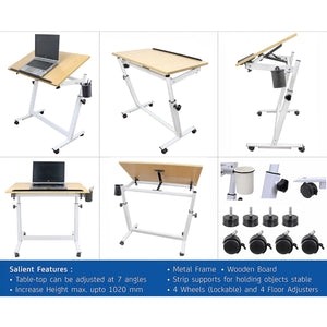 Isomars Multipurpose Laptop Table Study Desk Drawing Table, Caster Lockable Wheels, Adjustable Height and Angle for Work from Home, Office, Bedroom