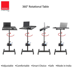 Isomars Multipurpose Laptop Table Hospital Table Study Desk, Caster Lockable Wheels, & Height Adjustable for Breakfast Table, Work from Home & Online Classes (Table Top - 24'' x 16'')