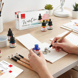 Isomars Watercolour Drawing Ink Set of 12 (35ml Each) with Mop Brush Set of 4 & Watercolor Postcards Set of 6 Sheets | Professional Liquid Watercolors for Painting, Calligraphy & Illustration