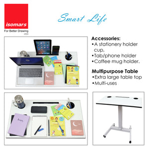 Isomars Airlift Made in India Multipurpose Height Adjustable 'SIT & Stand Laptop Table' with Foot Lever for Breakfast, Online Classes, Other Activities with Large Table Top (White)