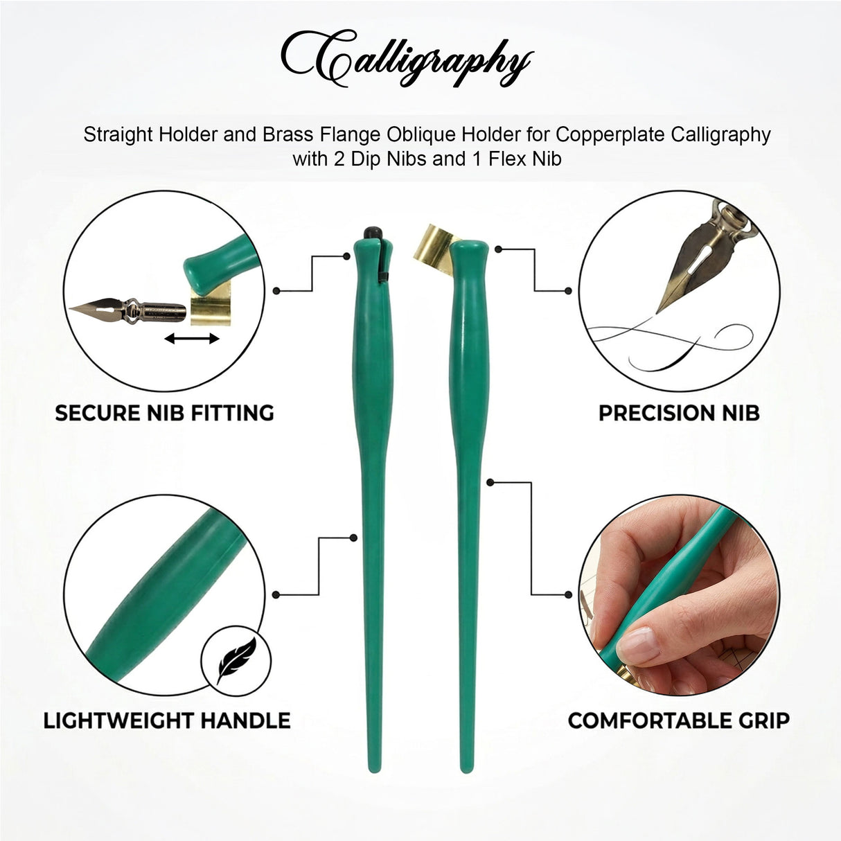 Isomars Calligraphy Pen Set with 2 Holders, 3 Nibs & Brass Flange for English, Copperplate and decorative calligraphy
