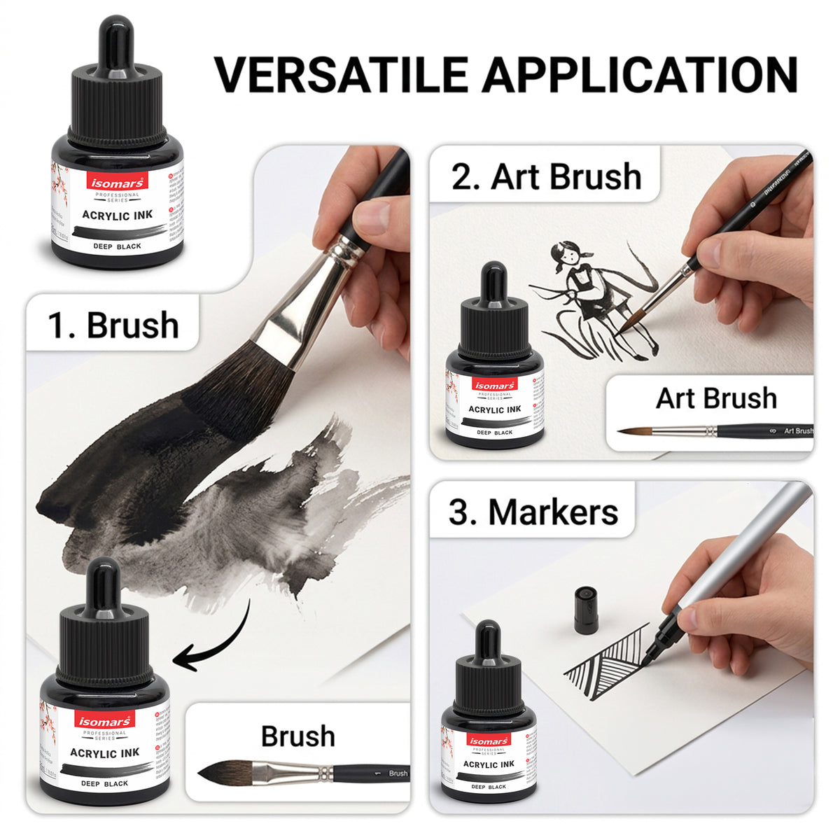 Isomars Acrylic Ink 35ml Deep Black Waterproof Ink with Dropper