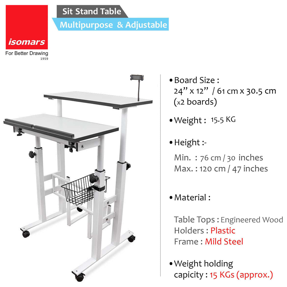 Isomars 24"/61cm Wide Made In India Desktop & Laptop Multipurpose Adjustable Table & Computer Workstation - Useful for Using Gadgets Like Desktop, Laptop, Tab/iPad etc (White)