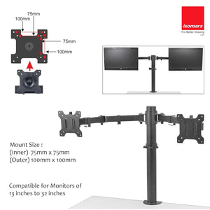 Isomars Monitor Arm Mount Stand Double Screen (Monitor) - Adjustable Height & Angles