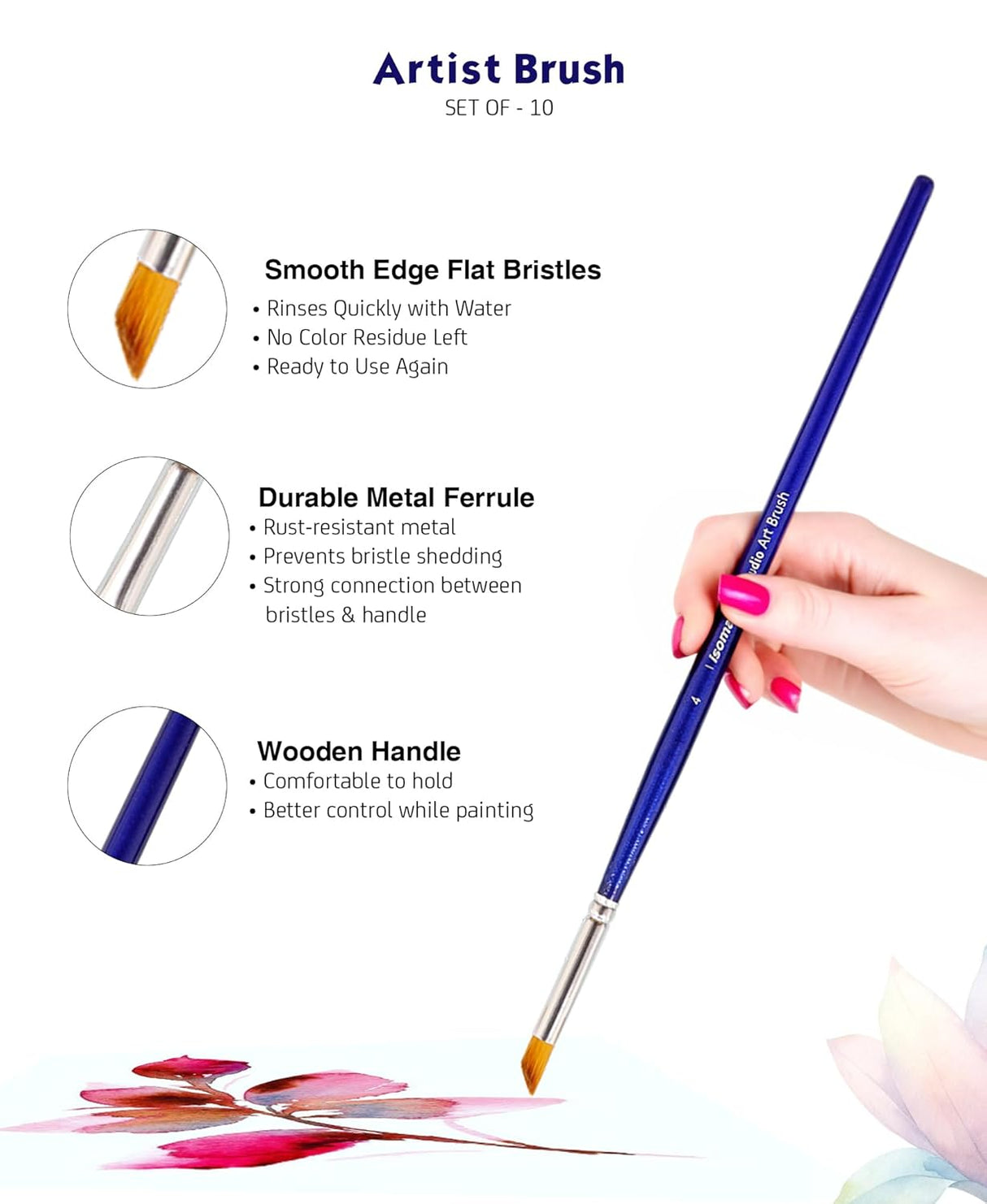 Isomars Estudio Professional Paint Brush Set of 10 – Premium Synthetic Artist Brushes for Acrylic, Watercolor & Oil Painting | Long Handle Art Brushes Kit