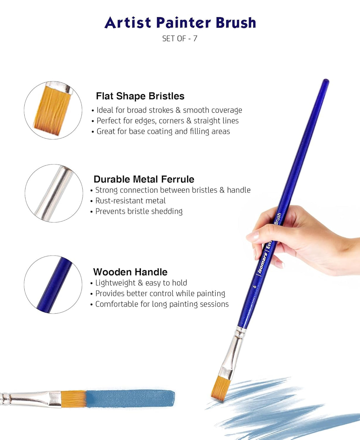 Isomars Estudio Painter’s Art Brush Set of 7 – Professional Synthetic Paint Brushes for Acrylic, Watercolor & Oil Painting | Long Handle Artist Brushes