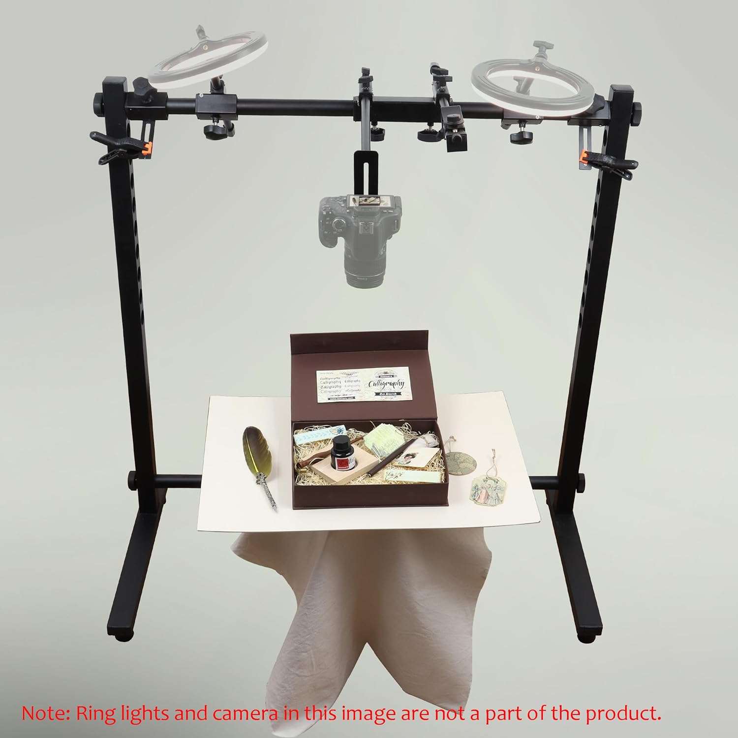 Adjustable Overhead Photography Stand with Dual Light Holders and Background Clips