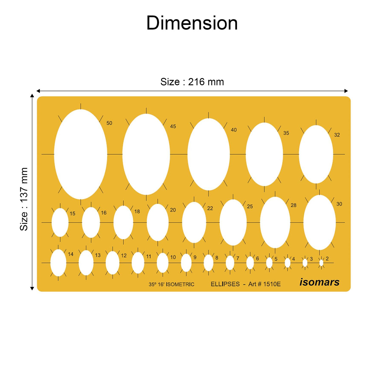 Isomars Isometric Ellipse Shapes Template 35°16' (Art No. 1510E) | Technical Drawing Stencil with 2-50mm Ellipses | Engineering, Architecture, Drafting & Design Tool