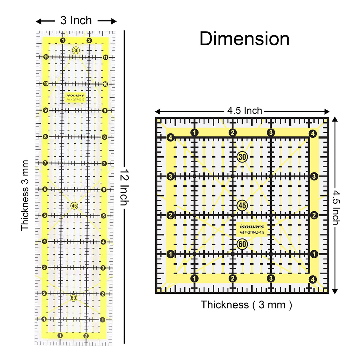 Isomars Quilting Ruler Set of 2 | 3" x 12" & 4.5" x 4.5"