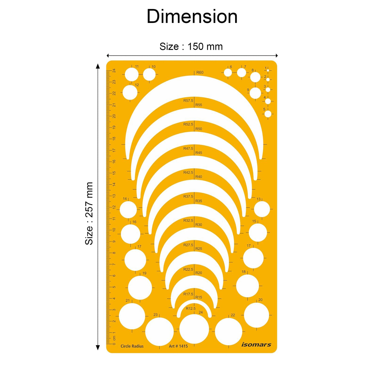 Isomars Circle Radius Template Ruler | Precision Drafting Stencil with Radius Curves R12.5-R60, Circle Templates & Metric Scale | Engineering, Architecture, Technical Drawing & Design Tool (150 x 257 mm)