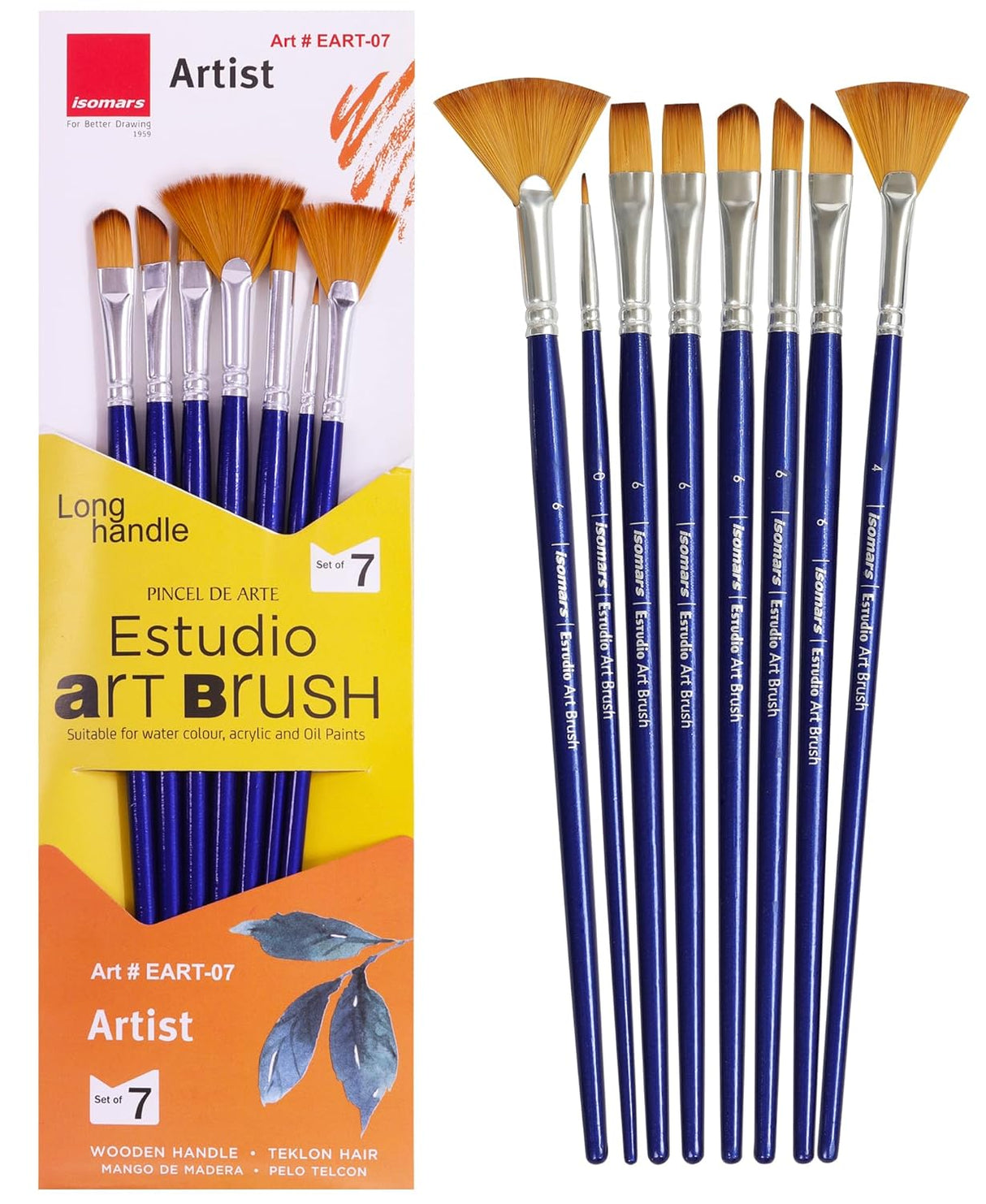 Isomars Estudio Artist Paint Brush Set of 7 | Professional Synthetic Long Handle Art Brushes for Acrylic, Watercolor, Oil & Gouache Painting | Mixed Flat, Round, Filbert, Fan, Angular & Detail Brushes