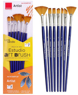 Isomars Estudio Artist Paint Brush Set of 7 | Professional Synthetic Long Handle Art Brushes for Acrylic, Watercolor, Oil & Gouache Painting | Mixed Flat, Round, Filbert, Fan, Angular & Detail Brushes